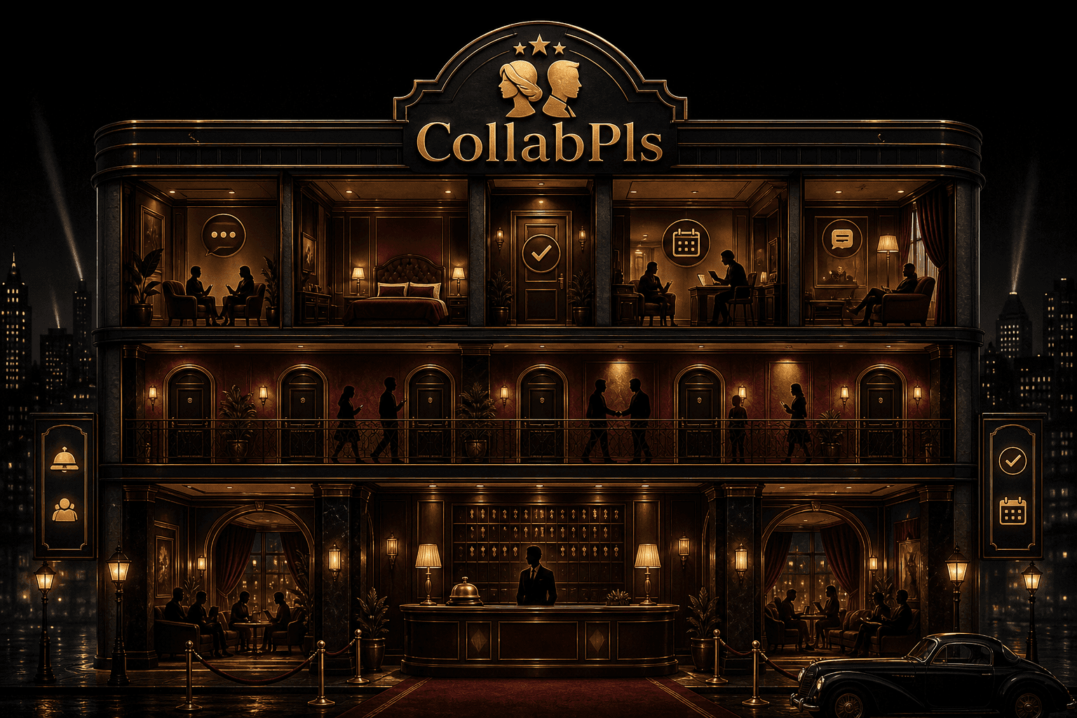 Luxury hotel cross-section showing lit creator rooms and collab planning signals